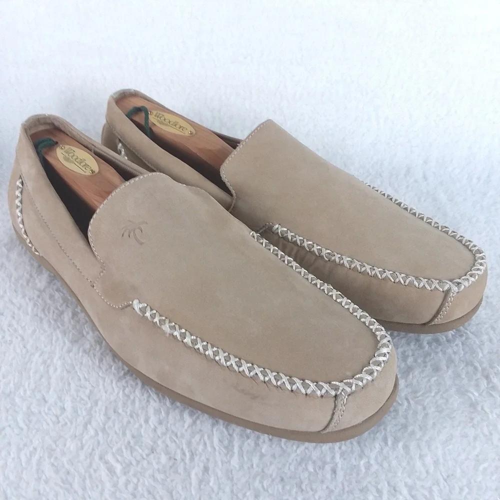Margaritaville Venice Mens 10 Loafer Shoes Tan Suede Palm Tree Logo Boat Coastal